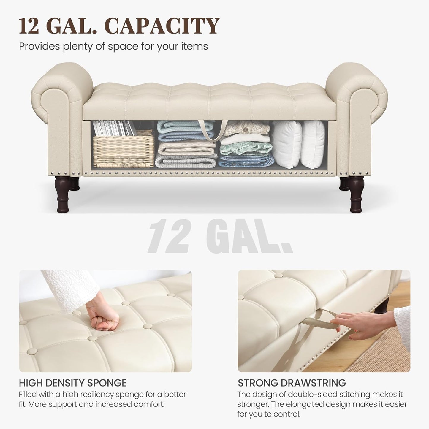 51" Storage Ottoman Bench for Bedroom, Full Queen Storage Bench with Button, Upholstered Bedroom Bench with Rolled Arms for Living Room, Storage Room, Entryway, Beige+Brown Legs