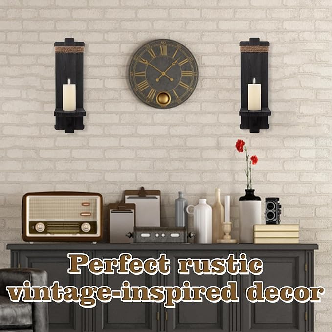 Farmhouse Wall Decor Candle Sconces - 2 Pcs Rustic Gothic Handmade Wooden Wall-Mount Candle Holders for Bedroom Living Room Bathroom Home Hanging Art Decorations Accessories Gifts, Black