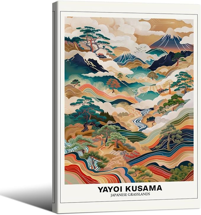 Vintage Yayoi Kusama Grasslands Posters Japanese Wall Art Yayoi Kusama Abstract Landscape Canvas Print for Stylish Room Bedroom Living Room Gallery Decor 20x30in Framed