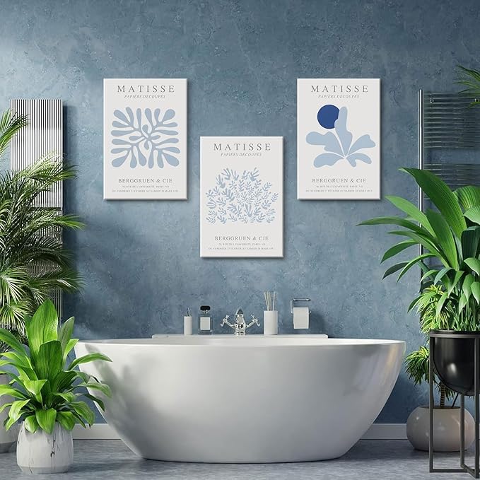 Djmwtb Framed Blue Matisse Canvas Wall Art Decor, Matisse Blue Wall Art Prints Set of 3, Modern Abstract Minimalist Pictures Wall Decor Paintings Artwork for Bathroom Bedroom Living Room 16x24in