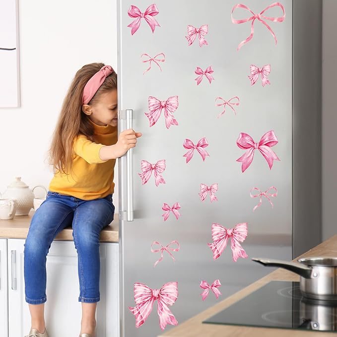 Whaline 12 Sheets Trendy Pink Bow Wall Stickers Light Pink Bow Knot Wall Decals Watercolor Room Mural Stickers for Girls Party Valentine's Day Home Bedroom Nursery, 7.9 x 11.8 Inch