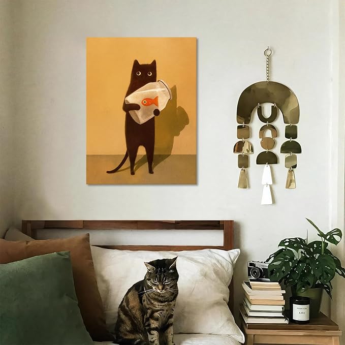 Funny Black Cat Wall Art, Abstract Black Cat and Fish Canvas Poster Print Picture, Cute Animal Wall Decor, Perfect for Cat Lovers for Bathroom Living Room Bedroom Kids Room 16x24 in Framed