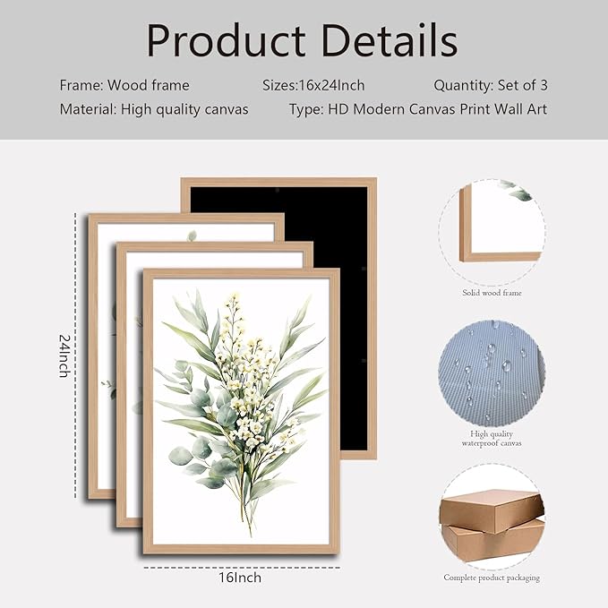 3Pcs Framed Vintage Botanical Wall Art Plant Floral Watercolor Canvas Prints Sage Green Painting Eucalyptus Leaf Picture Modern Minimalist Boho Bedroom Bathroom Living Room Ready to Hang 16x24in