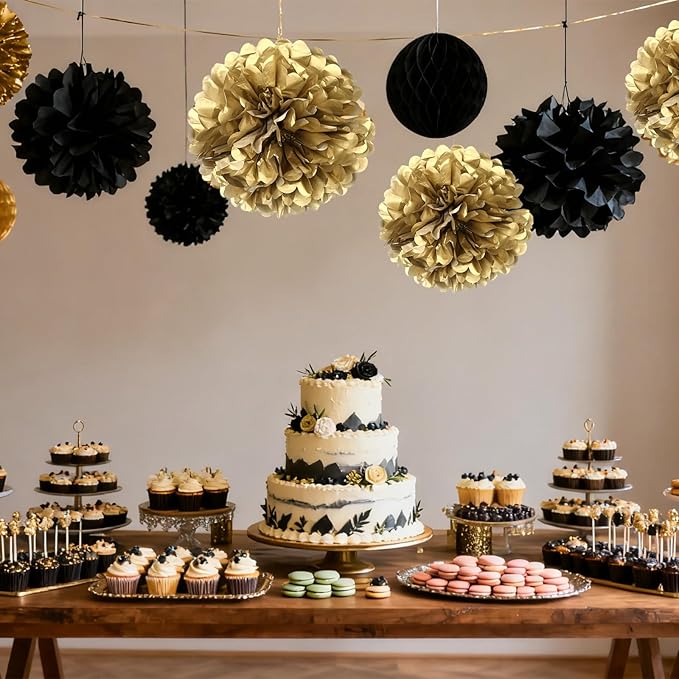 Black Gold Paper Pom Poms for Wedding Birthday Black Gold Party Decoration - Ceiling Wall Hanging Tissue Flowers - 12pcs 2 Colors of 12 Inch 10 Inch