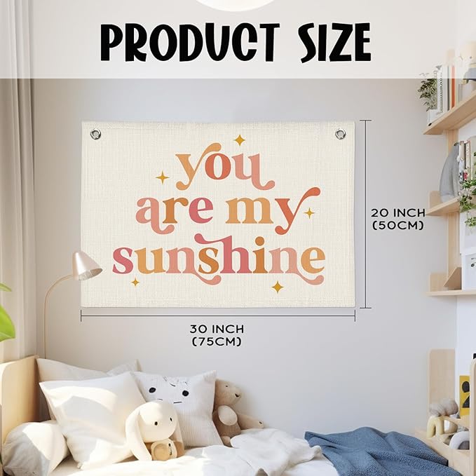 Girls Room Decor, Baby Girl Nursery Baby Shower Decor Gift, You are My Sunshine Linen Canvas Banner, Pink Boho Wall Hanging Banner Flag 20x30 Inch