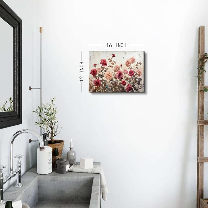 Vintage Flower Wall Art Pink Roses Wall Decor for Bathroom Retro Botanical Canvas Prints Rustic Farmhouse Floral Pictures Wall Decor Spring Wildflower Artwork Living Room Bedroom Home Decoration 12x16"