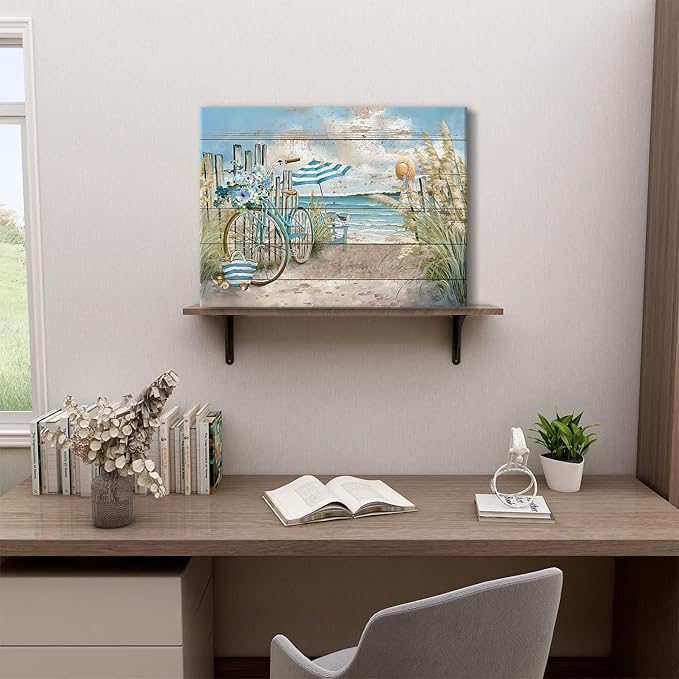 Coastal Wall Art Beach Theme Bathroom Decor Farmhouse Teal Ocean Canvas Prints Poster Seagull Floral Bicycle Pictures Seascape Coastline Painting Artwork for Kitchen Bedroom Home Decoration 12x16"