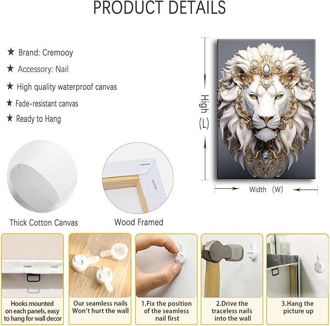 White Lion Canvas Wall Art Wild Animal Portraits Avatar Pictures Painting Decor Modern Large Gold Diamond Beast Posters Prints for Dining Living Room Bedroom Home Decoration