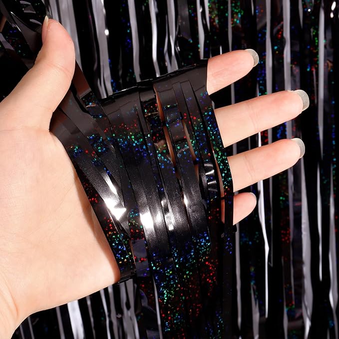Black Fringe Curtain Party Streamers 2Pack 3.3x8.3 Ft Foil Fringe Backdrop Curtains for Birthday Wedding Bridal Baby Shower Holiday Tinsel Streamers Black Party Decorations Door Streamer