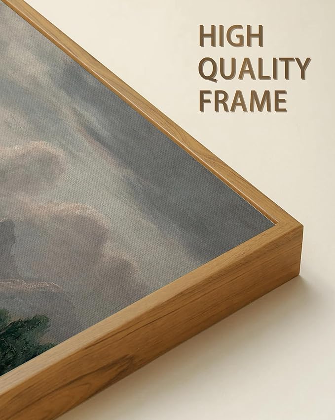 SHENIFY 20x40in Extra Large Vintage Framed Wall Art Country Village Landscape Painting Retro Mountain Meadow Scenery Farmhouse Bedroom Above of Bed Living Room Decor - Natural Framed