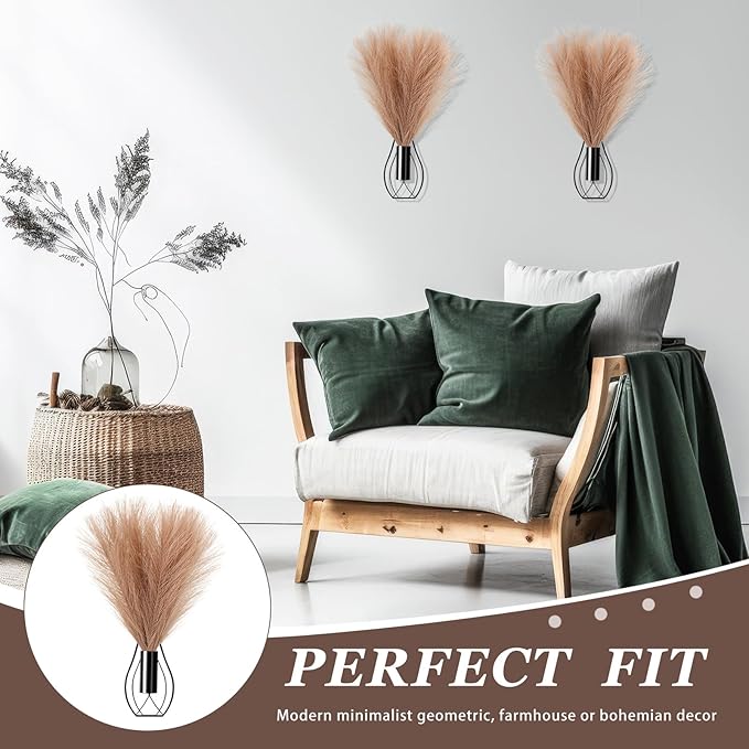 2 Pieces Hanging Plant Wall Decor with Artificial Pampas Grass Metal Hanging Vase Modern Geometric Farmhouse Bohemian Wall Art for Living Room Bedroom Kitchen Office (Black, Light Brown)
