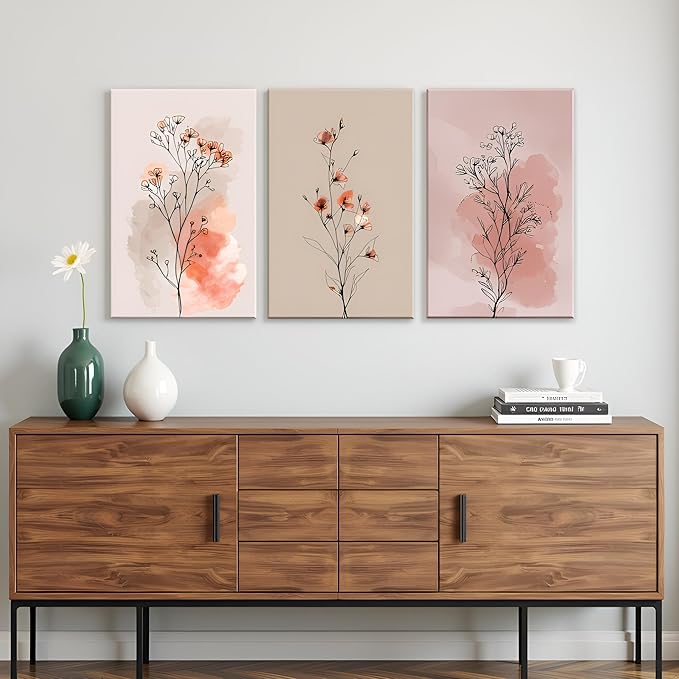 okudolit Boho Vintage Flower Wall Art Set of 3 Minimalist Floral Botanical Prints Rustic Wildflower Wall Decor Beige and Pink Neutral Plant Painting for Living Room Bedroom Office-16x24in