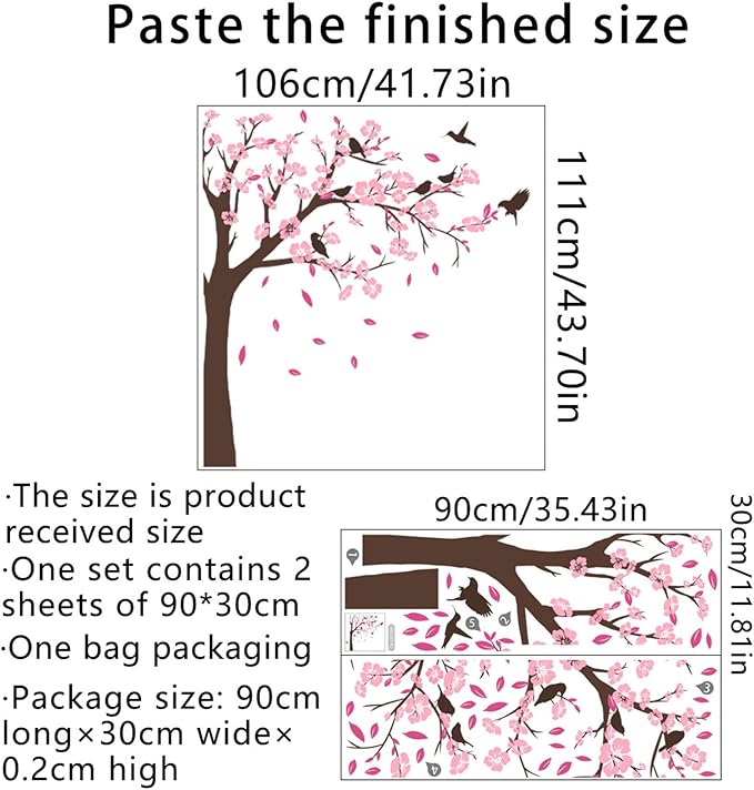 Pink Flower Tree Wall Stickers, Removable DIY Romantic Peach Blossom Tree Wall Murals Peel and Stick 3D Wall Art Stickers Murals Home Decor for Gilrs Bedroom Nursery Rooms Living Room