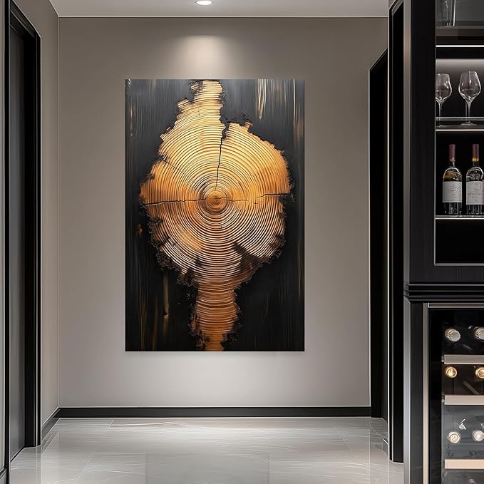IBHJSART Framed Tree Ring Canvas Wall Art Black And Gold Wall Art Prints Modern Minimalist Pictures Neutral Nature Rustic Farmhouse Decor Living Room Bedroom Bathroom Office.