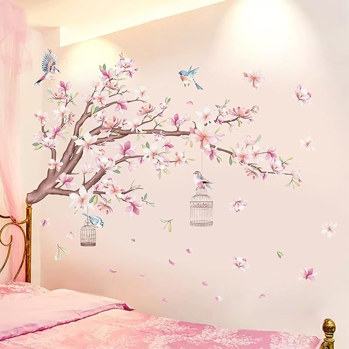 Cherry Blossom Flowers Wall Decals Decor Vinyl Stickers, Magnolia Floral Tree Branch Birds Wall Art Murals, Flower Pattern Wall Stickers for Girls Bedroom Living Room Nursery Decor