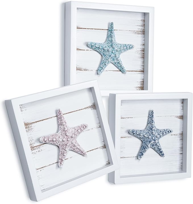 Tide and Tales 3D Starfish Wall Art (Framed Set of 3) Coastal Theme Wall Hanging Decoration for Bathroom or Tropical Bedroom, Ocean Inspired Seashell Decor for Home or Beach House (7"x 7")