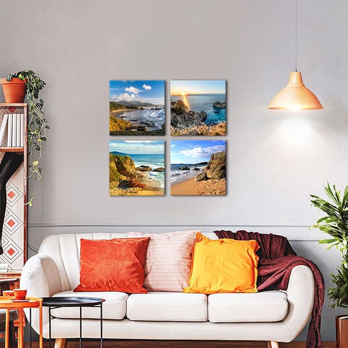 Oregon Coast Beach Wall Art Ocean Landscape Canvas Pictures Prints Coastal Wall Decor for Bathroom Living Room Kitchen Modern Home Decorations Nature Scenery Paintings Nautical Artwork 20x20” 4 Pcs