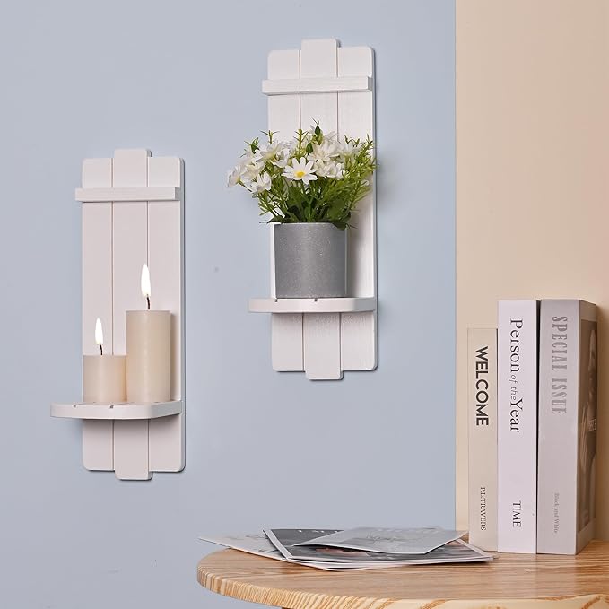 Sconces Set of 2, Large Candle Holder Rustic Farmhouse Decor, Home Art Floating Sconce Shelf White Wall Decoration for Living Room, Dining Room, Bedroom, Bathroom
