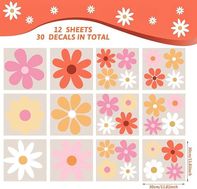 TaoBary 12 Sheet Daisy Wall Sticker Decal Removable Cute Daisy Bedroom Room Decor Flower Wall Sticker Pink White Flower Decal Wallpaper Peel and Stick for Nursery Home(Bright Color,Bright Style)