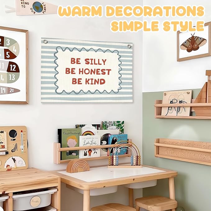 Blue Kids Room Decor, Boy Nursery Decor Boho Retro Classroom Wall Hanging Canvas Banner, Be Silly Honest Kind Classroom Wall Art Decor for Kids Nursery Toddler Room Bedroom Playroom, 30x20 Inch