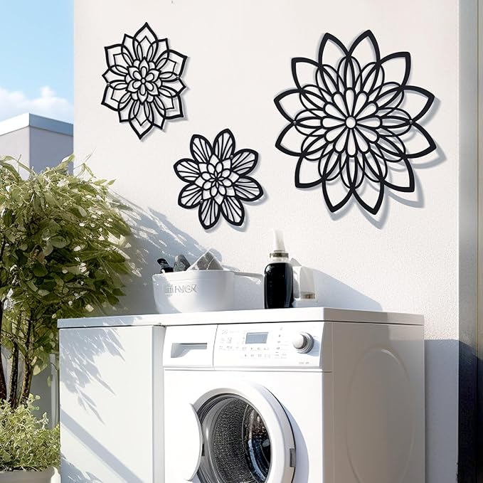 Zzbakress 3 Pieces Metal Flowers Wall Decor, Black Wall Decors, Flower Art Wall Decor Farmhouse Wall Decoration Multiple Flowers Hanging Decor for Bathroom Living Room Garden Office (Black Elegant)