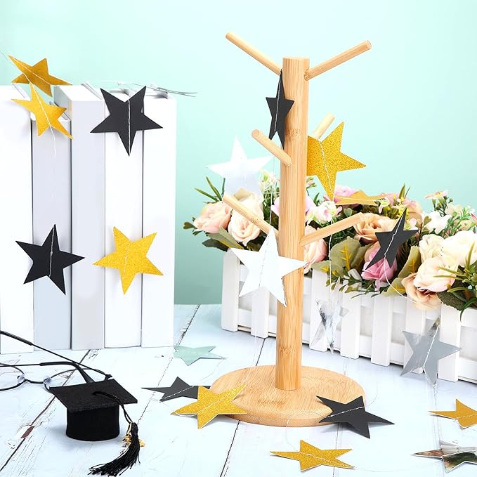 Patelai Glitter Star Garland Banner 2026 Graduation Decor 130 Feet Star Hanging Banner Twinkle Backdrop for Party Birthday Classroom Wedding Supplies(Silver Gold Black)