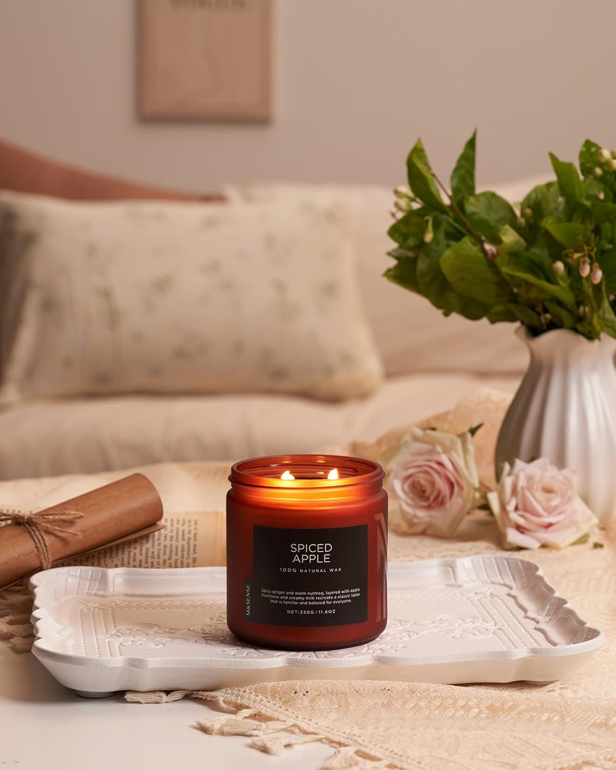 M&SENSE Spiced Apple 2 Wick Fall Scented Candle, 11.6oz Natural Soy Wax Candle for Autumn Decor, Up to 70 Hours Burn Time, Strong Fall Scented Candle Gift for Christmas Holiday Celebration