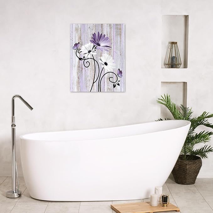 HVEST Vintage Daisy Wall Art Purple Flower and Butterfly on Rustic Wooden Abstract Painting Farmhouse Plant Wall Art for Bathroom Living Room Bedroom Kitchen Decor Ready to Hang, 20Lx16W Inches