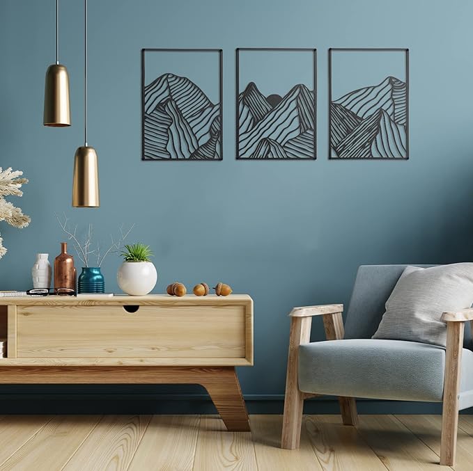 Peryiter 3 Pcs Metal Wall Art Decor Landscape Mountain Wall Hanging Decor for Living Room Abstract Minimalist Modern Mountain Line Pictures Bathroom Office Home Gifts Indoor(Black)