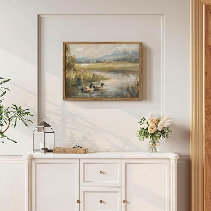 Framed Vintage Mallard Duck Wall Art Countryside Wildlife Pond Nature Canvas Prints Rustic Landscape Pictures Wall Decor for Living Room Bedroom Dining Room Offices 12x16 inch
