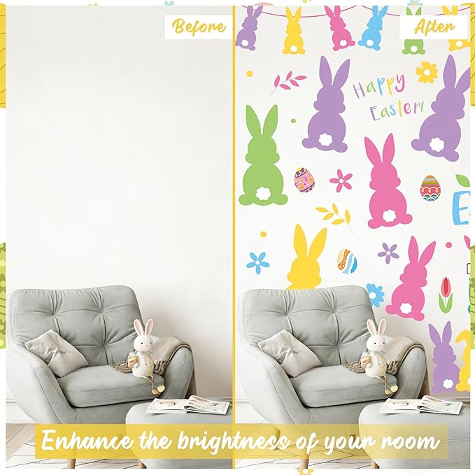 Happy Easter Bunny Wall Decals, 9 Sheet Easter Colorful Rabbit Wall Stickers Removable for Home Classroom Office Wall Decorations
