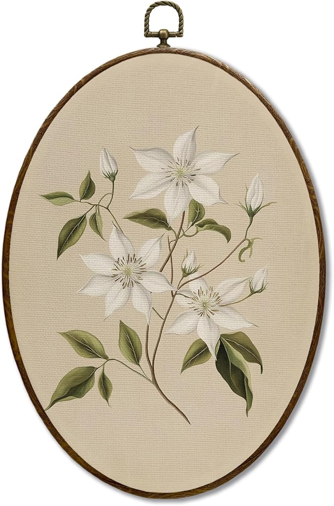 JQF Vintage White Clematis Floral Oval Wall Art, Rustic Cottagecore Neutral Floral Oval Canvas Wall Art, Retro Flower Framed Prints Hanging Decor for Home Bedroom Living Room, 8.5x11.5 Inch