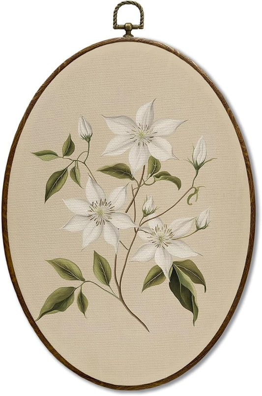 JQF Vintage White Clematis Floral Oval Wall Art, Rustic Cottagecore Neutral Floral Oval Canvas Wall Art, Retro Flower Framed Prints Hanging Decor for Home Bedroom Living Room, 8.5x11.5 Inch