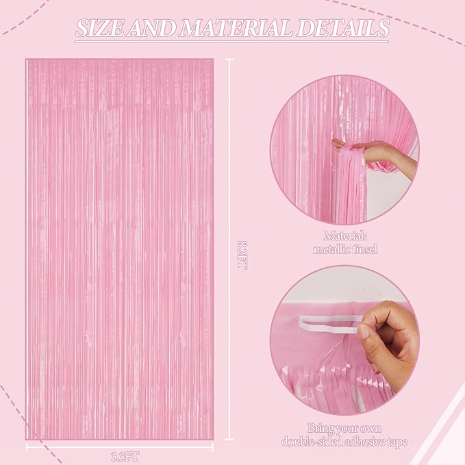 3 Pack Foil Fringe Backdrop - Shiny Tinsel Curtains for Party Decoration/Photo Booth Props - 3.3x8.2 FT Metallic Foil Backdrop for Birthday, Wedding, Graduation, Christmas-Pastel Pink