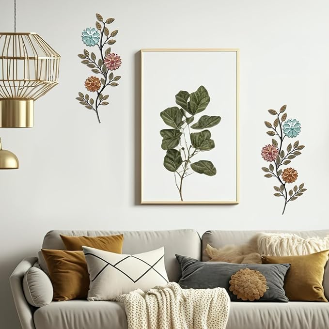 MorningRo 2 Pcs Metal Flower Leaves Wall Art, 15.75 Inch Spring Wall Decor, Vintage Leaf Wall Hanging, Rustic Wall Decor for Holiday Indoor Outdoor