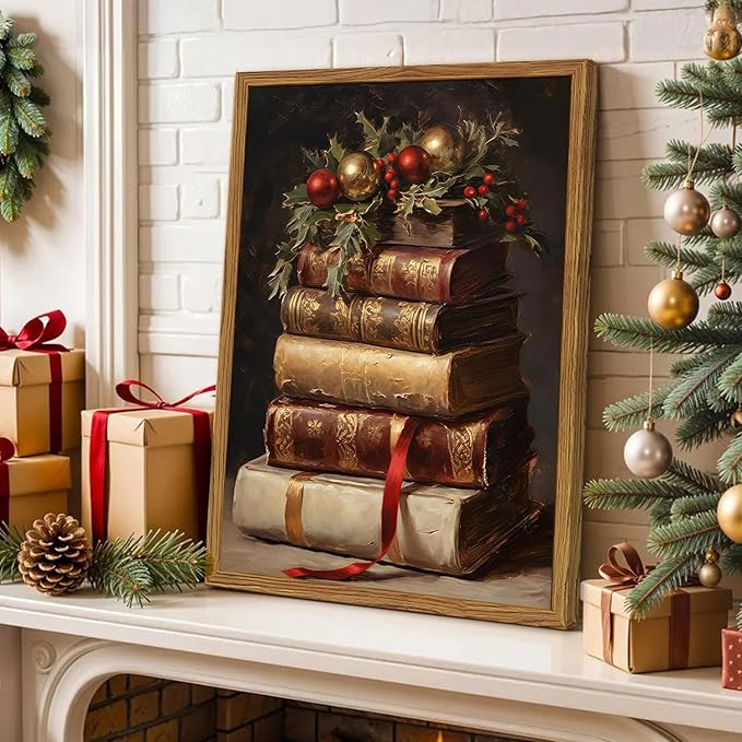 Framed Vintage Christmas Canvas Wall Art, Rustic Xmas Book Artwork Wall Decor Paintings, Retro Winter Holiday Pictures Prints Dark Academia Home Decor for Living Room Bedroom Libiary 16×24 inch