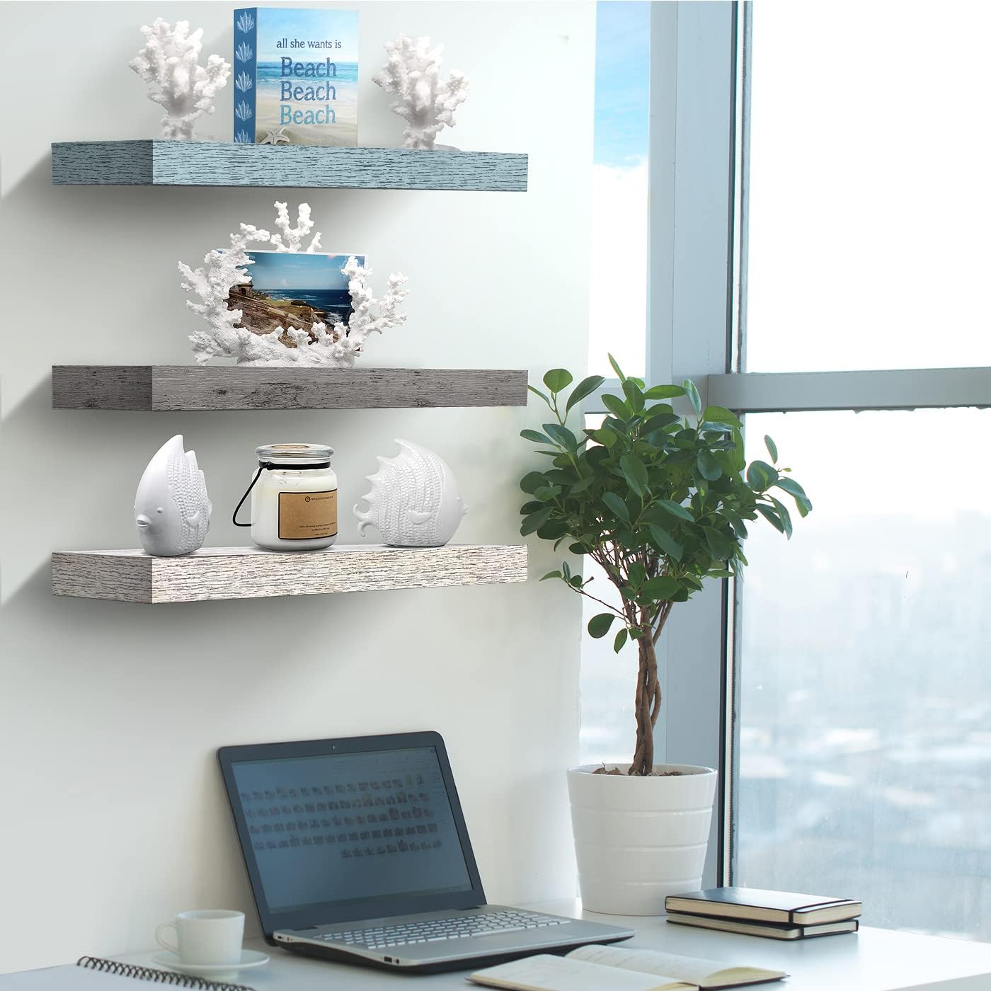 Sorbus Floating Shelves - 3 Pack 16 Inch Rustic Grey Blue Rustic Wall Shelves for Bedroom, Kitchen, Living Room, Bathroom Shelves, Home Decor, Office - Floating Shelf for Trophies, Frames