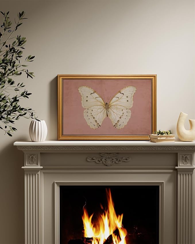 InSimSea Gold Framed Canvas Prints Wall Art, Vintage Bathroom Decor, Moody White Butterfly Paintings Farmhouse Large Wall Decor Aesthetic, Retro Pictures for Bedroom Living Room, 16x24inch