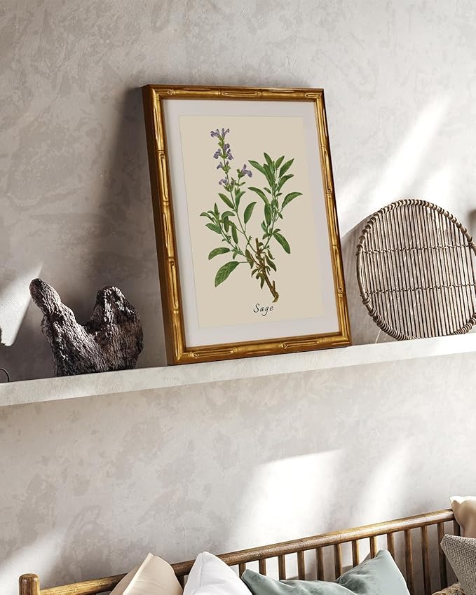 InSimSea Gold Bamboo Framed Canvas Wall Art, Vintage Watercolor Sage Herbs Prints, Antique Picture Frame with Mat, Victorian Home Wall Decor for Kitchen Dining Living Room Bedroom, 11x14inch