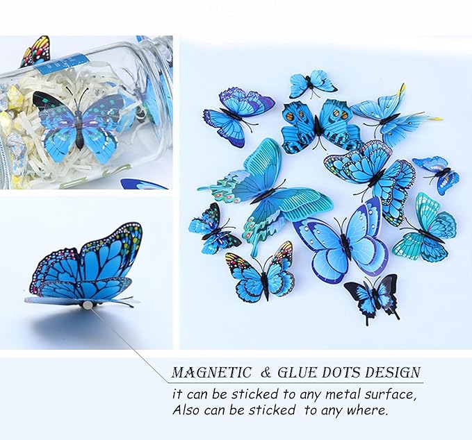 Butterfly Wall Decor 72 PCS, 3D Butterflies Stickers for Party Decorations with Magnets(Blue, 72)