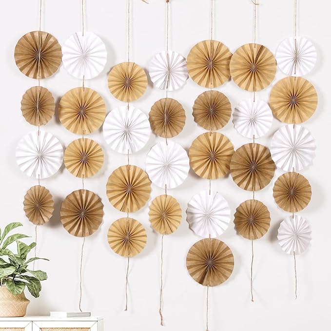 Easy Joy Boho Hanging Paper Fans Neutral Rustic Paper Fans Garland White Brown Party Decorations for Boho Party Baby Shower Birthday Wedding Bridal Classroom Decor