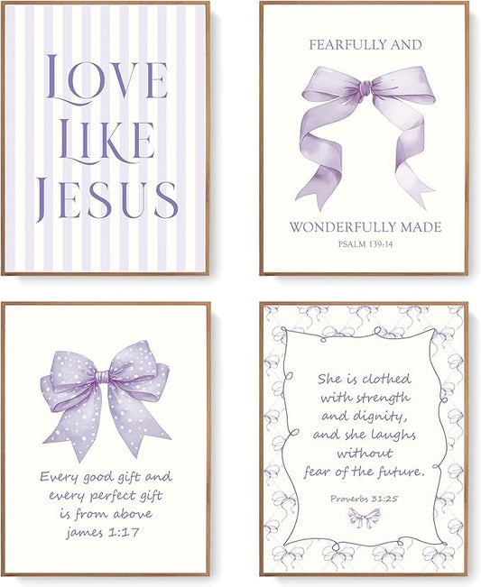 LARTSFRO Coquette Purple Bow Jesus Wall Art Decor Posters, Purple Bow Christian Room Bedroom Bathroom Dorm Wall Art Decor Aesthetic for Teen Girls Gifts, Inspirational Bible Verses Bow Wall Decor, 12x16 Inch Set of 4 Bow Pictures (UNFRAMED)