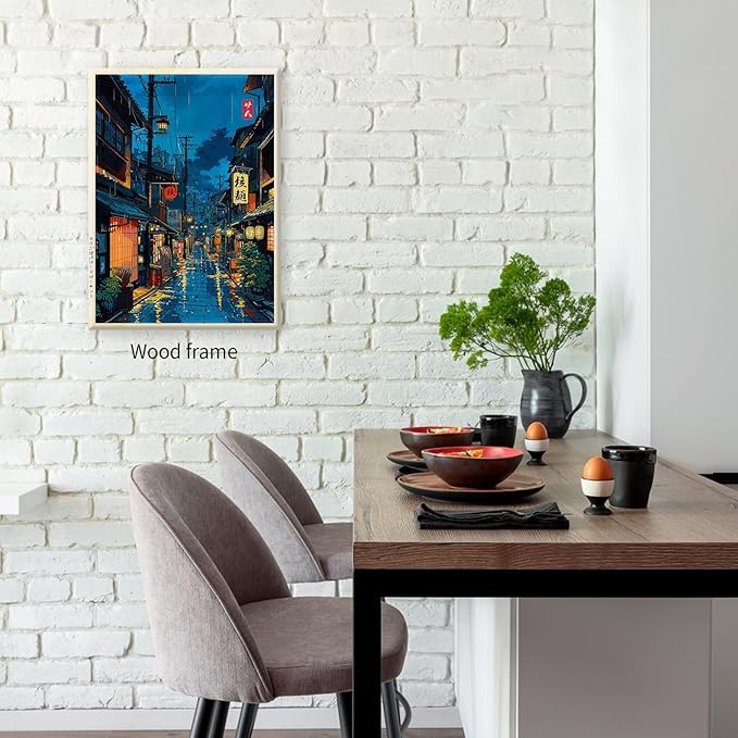 Japanese Tokyo Tea House Framed Canvas Wall Art Japanese City Street Cafe Scene Picture Print Modern Ukiyo-e Decor Poster for Japanese Home Bedroom Decorations Artwork24x36in