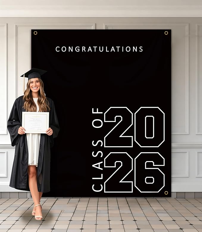Class of 2026 Graduation Banner 5X6feet - Large CONGRATS GRAD Polyester Banner, Photo Backdrop & Wall Decor for Commencement Party Supplies, Black and White Graduation Party Decorations for High School & College