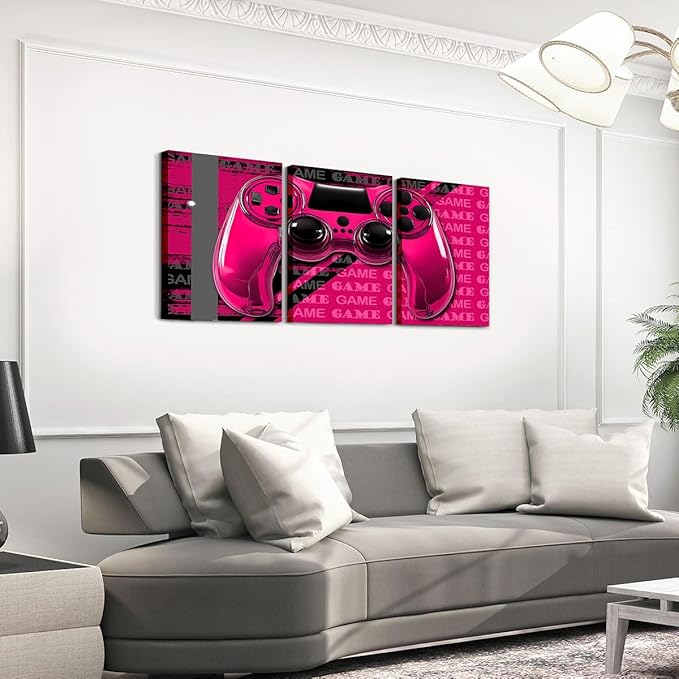 Feelyou Gamer Canvas Wall Art 12" x 16" 3 Piece Game Controller Office Wall Artwork Posters for Teens Adults Gaming Gifts Bathroom Wall Art for Home Gamepad RoseRed and Black Wall Painting