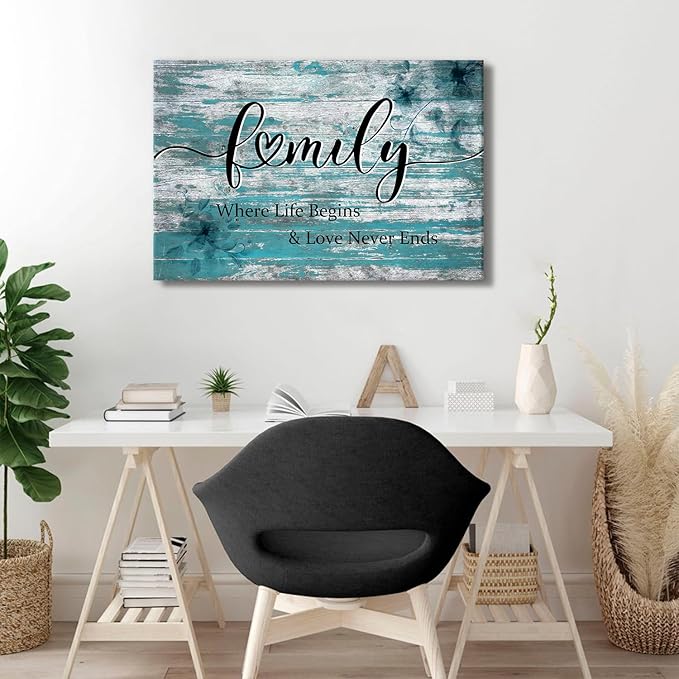 Farmhouse Family Canvas Wall Art Inspirational Signs Poster Where Life Begins Love Never Ends Teal Family Sign Picture Turquoise Painting Artwork for Kitchen Living Room Home Decoration 24x36"