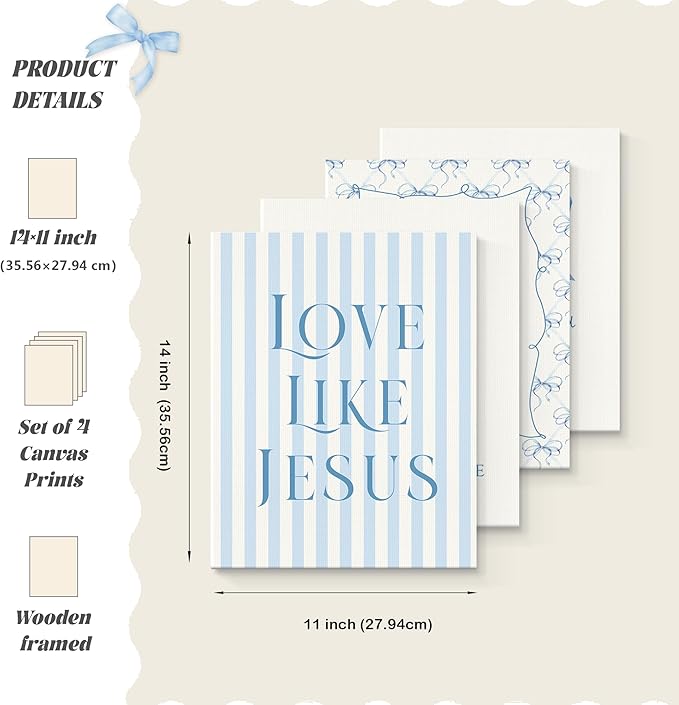 LARTSFRO Coquette Blue Bow Jesus Canvas Wall Art Decor Posters Prints, Light Blue Bow Room Bedroom Bathroom Dorm Wall Art Decor Aesthetic for College Teen Girls Gifts, Inspirational Bible Verses Bow Wall Decor, 11x14 Inch Set of 4 Pcs Bow Pictures (Can...
