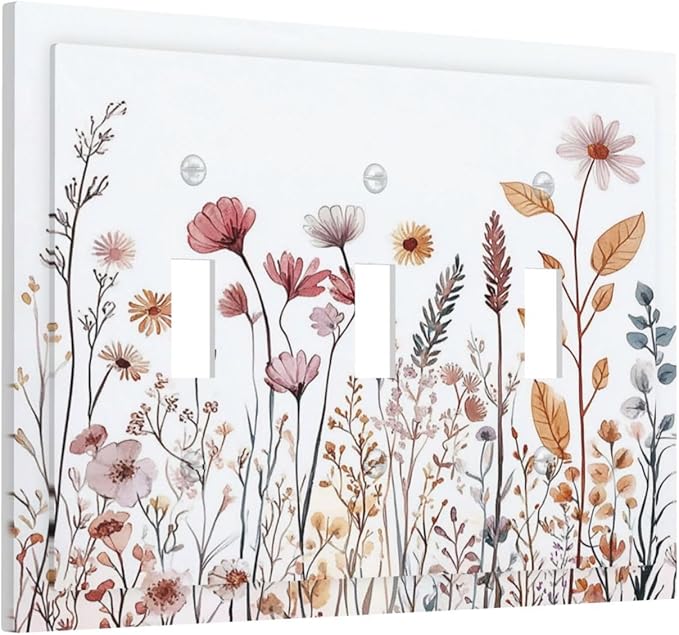 Decorative Switch Plates Spring Floral Pink Wildflower Leaves Plants 3 Gang Wall Plate Triple Toggle Light Switch Cover Faceplate Electrical Wall Panels For Home Bed Room Decor