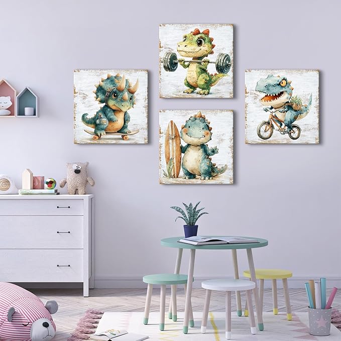 Dinosaur Wall Art Kids Room Wall Decor Cute Cartoon Dino Theme Pictures for Baby Boys Bedroom Nursery Playroom Decorations Watercolor T-Rex Sports Paintings Poster Artwork Home Decor 20x20” 4 Piece