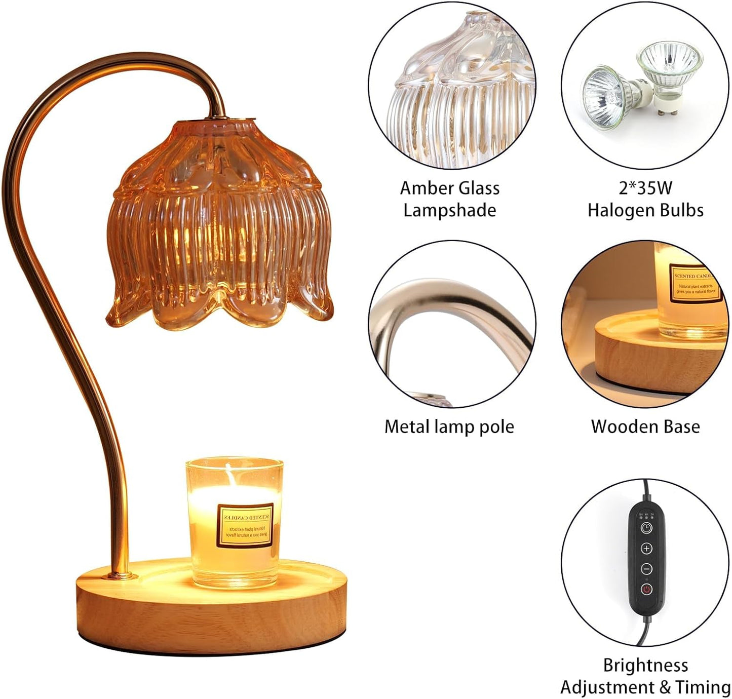 GEEZO Fragrance Candle Warmer Lamp with 2 Bulbs Electric Candle Warmer with Timer & Dimmer for Home Decor Wax Melt for Small Large Size Jar Candles Retro Wooden Base